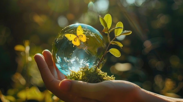 Salve a Terra com a borboleta da árvore do globo de cristal conceito ecológico