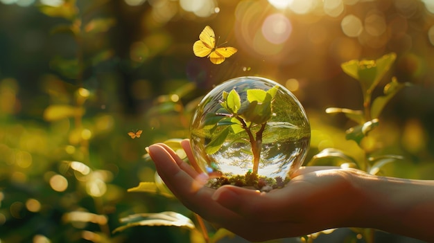 Salve a Terra com a borboleta da árvore do globo de cristal conceito ecológico