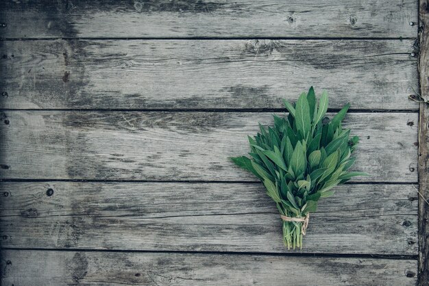 Salvia officinalis. Hojas de salvia en la mesa de madera vieja. Salvia de jardín. Caja de madera rústica y encaje artesanal. Imagen de revista retro. Copie el espacio.