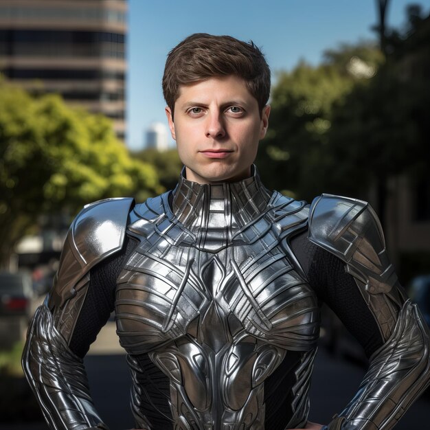 Foto sam altman se transforma en un superhéroe brillante con armadura y gorra