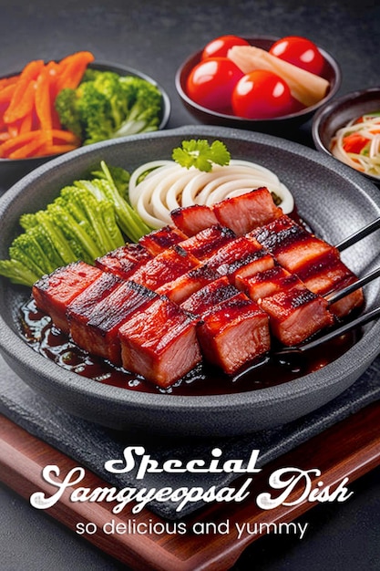 Foto samgyeopsal pan de cerdo a la parrilla barbacoa cocina coreana plantilla de folleto o diseño de publicación en instagram
