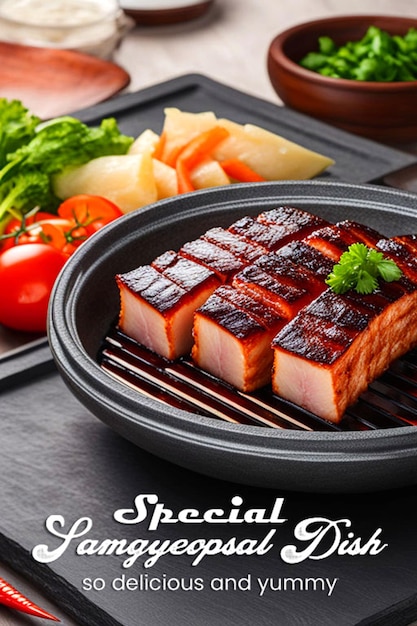 Foto samgyeopsal pan de cerdo a la parrilla barbacoa cocina coreana plantilla de folleto o diseño de publicación en instagram