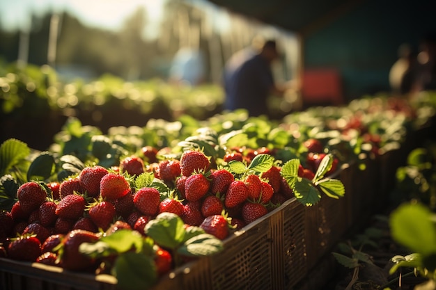 Foto sammeln der erdbeerernte auf der plantage im bauernhof