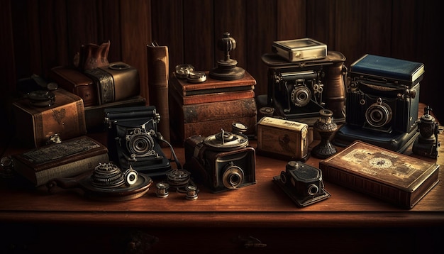 Sammlung antiker Kameras auf einem alten Holztisch, generiert von KI