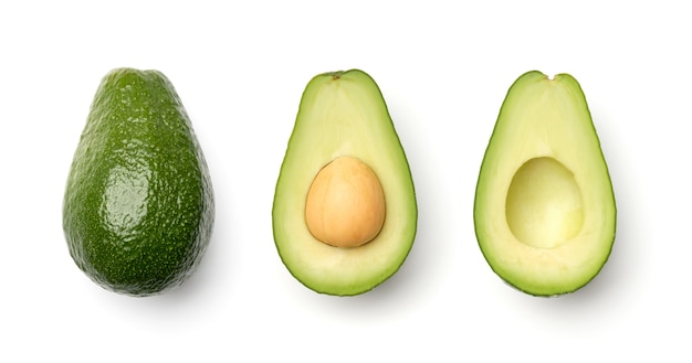 Sammlung Avocados isoliert auf weißem Hintergrund. Satz von mehreren Bildern. Teil der Serie