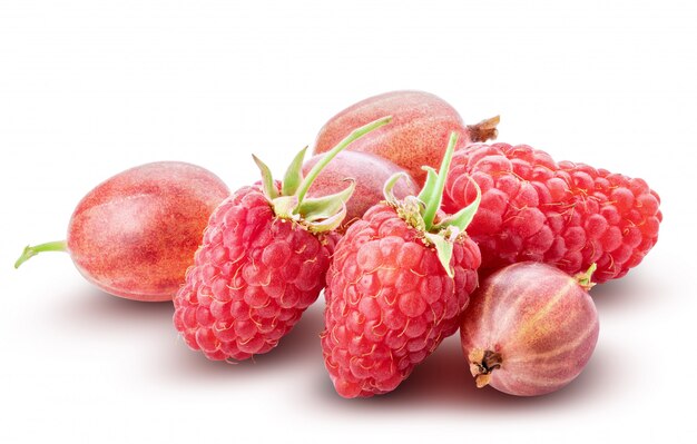 Sammlung frischer Beeren. Himbeere, rote Johannisbeere, Stachelbeere. Auf weißem Hintergrund isoliert.