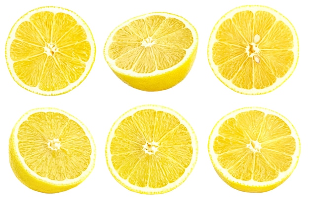 Sammlung frischer gelber Zitronen isoliert auf weißem Hintergrund. Satz mehrerer Bilder. Teil einer Serie