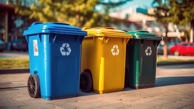 Sammlung gelbgrüner, blauer und roter Recyclingbehälter mit Recycling-Symbol in der Öffentlichkeit Generative Ai