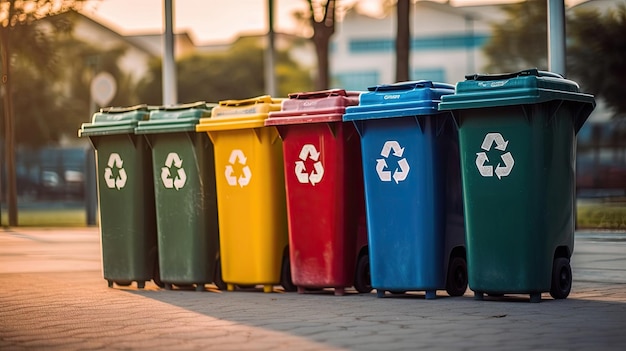 Sammlung gelbgrüner, blauer und roter Recyclingbehälter mit Recycling-Symbol in der Öffentlichkeit Generative Ai