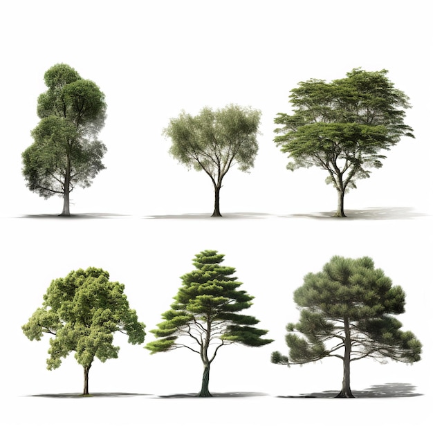 Sammlung isolierter Bäume auf weißem Hintergrund. Schöne Bäume auf weißem Hintergrund