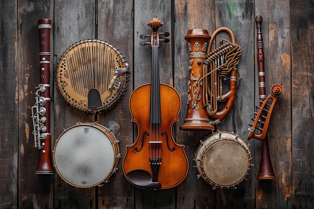 Foto sammlung klassischer musikinstrumente vor einem hölzernen hintergrund, geige, klarinette, fagott und