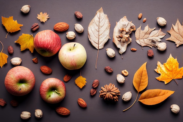 Sammlung trockener Herbstfrüchte und Blätter 3D-Illustration