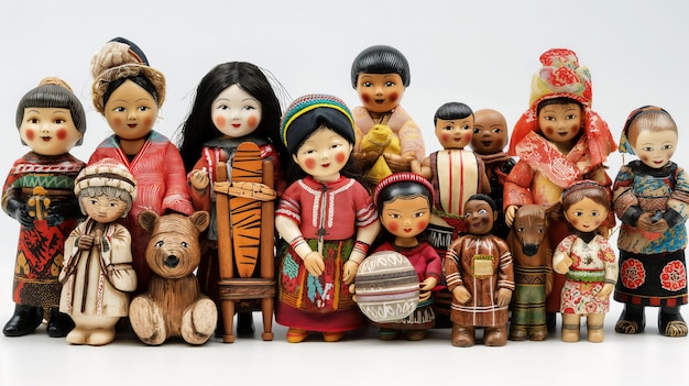 Sammlung verschiedener kultureller Puppen in traditionellen Kostümen auf weißem Hintergrund