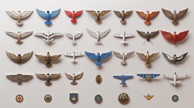 Sammlung verschiedener Pilotenflügel und Luftfahrtinsignien auf neutralem Hintergrund