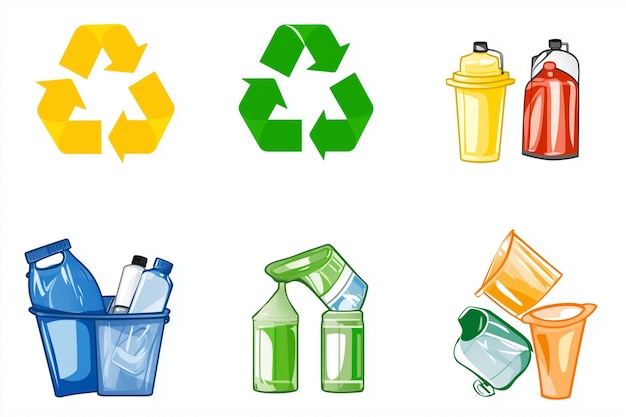 Sammlung verschiedener recycelbarer Gegenstände, darunter Flaschen, Becher und Taschen, in einer Reihe