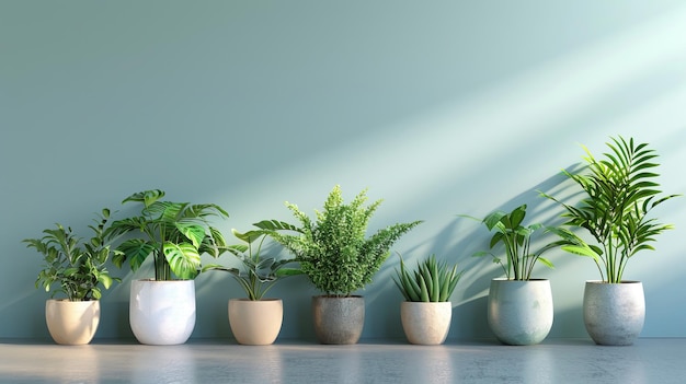 Sammlung verschiedener Topfpflanzen in moderner minimalistischer Innenarchitektur