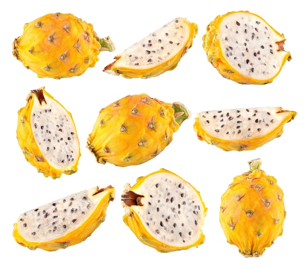 Sammlung von 9 gelben Drachenfrucht (Pitaya, Pitahaya) Bildern