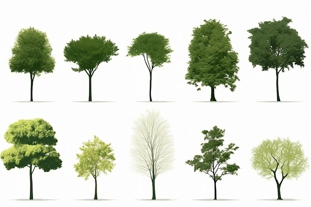 Sammlung von abstrakten grünen Baumseitenansichten, die auf weißem Hintergrund isoliert sind