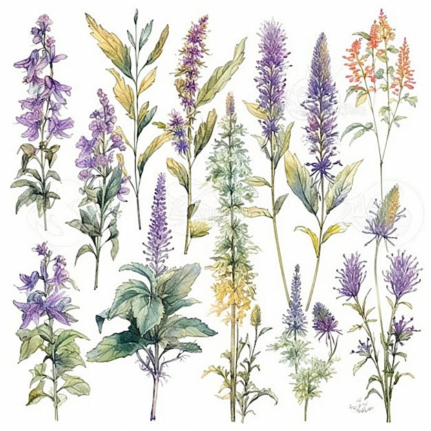 Sammlung von Aquarell-Agastache-Foeniculum-Blättern und -Blüten