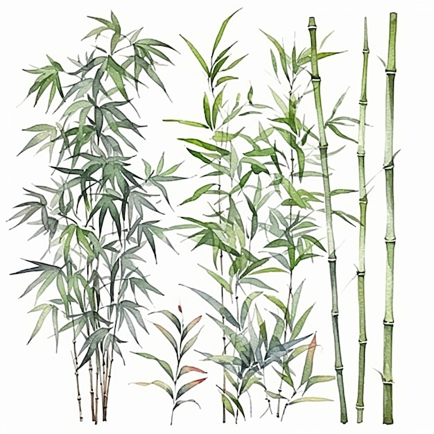 Sammlung von Aquarell-Bambusblättern und -blüten