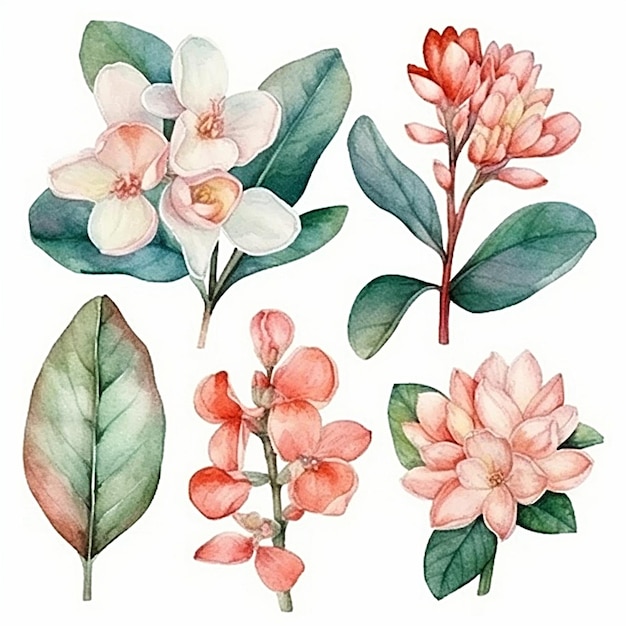 Sammlung von Aquarell-Clusia-Rosea-Blättern und -Blüten