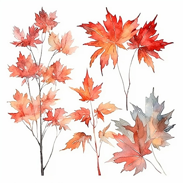 Sammlung von Aquarell-Herbstblaze-Blättern und -Blumen