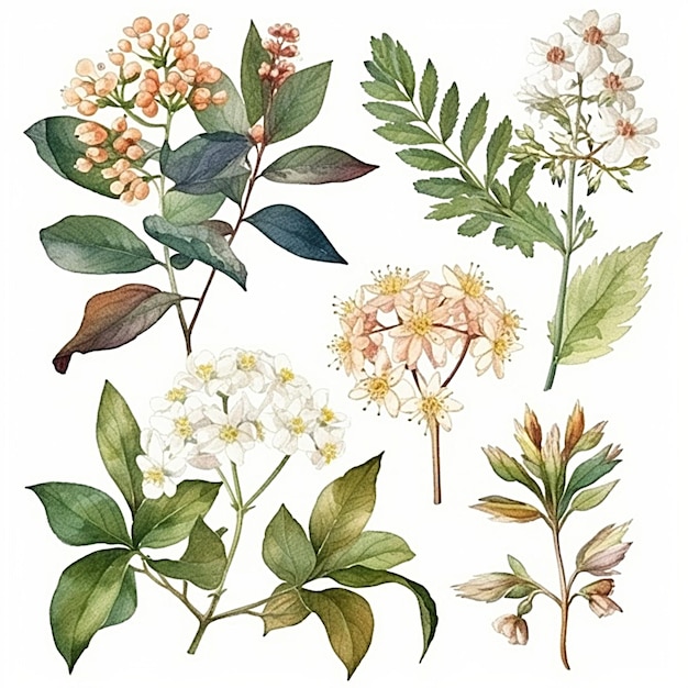 Sammlung von Aquarell-Panax-Quinquef-Blättern und -Blüten