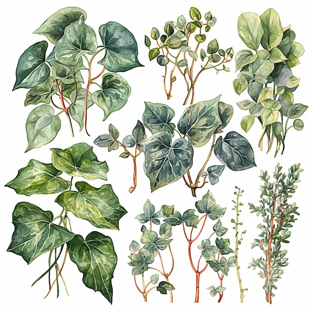 Sammlung von Aquarellhedera algeriensis-Pflanzenblättern und -blüten