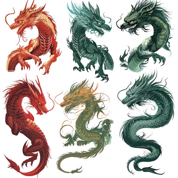 Sammlung von Drachen im chinesischen Stil auf weißem Hintergrund