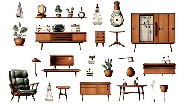 Foto sammlung von eleganten modernen möbeln und innenarchitektur von trendy mid century modern retrogenerated ai