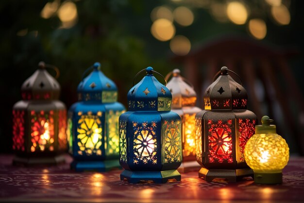 Sammlung von Fanous-Lampen, die in einem friedlichen Ramadanabend leuchten