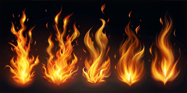 Sammlung von Feuerflammen, isoliert auf durchsichtigem Hintergrund