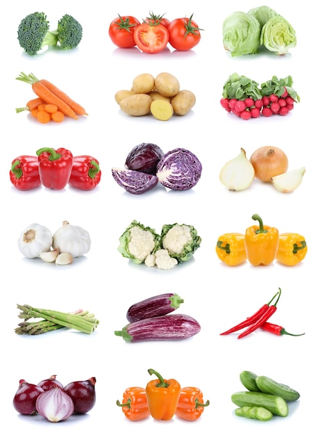 Sammlung von Gemüse Karotten Tomaten Zwiebeln Paprika Salat Gemüse Lebensmittel isoliert