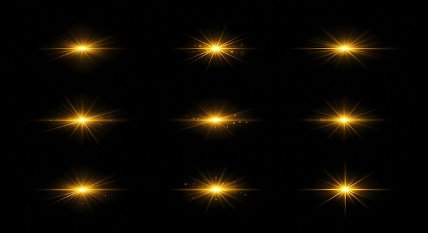 Sammlung von goldenen Lichteffekten mit Sternen und Funkeln auf schwarzem Hintergrund