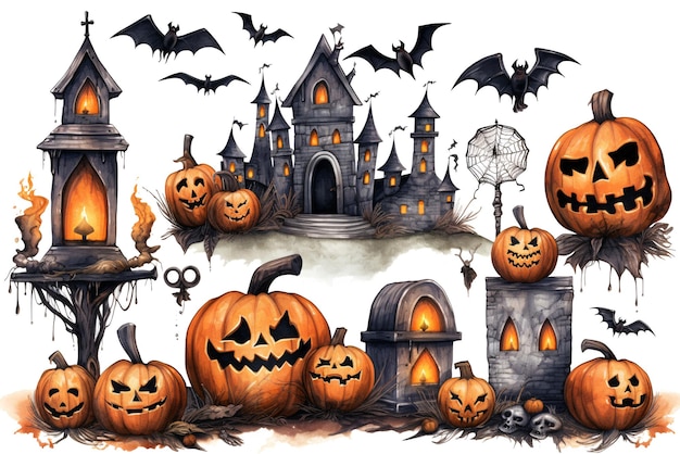 Sammlung von Halloween-Kürbissen, Laternenschloss und Fledermäusen auf weißem Hintergrund. Generative KI