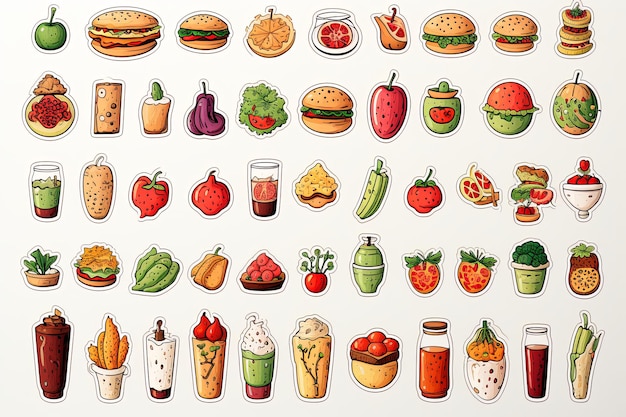 Sammlung von handgezeichneten Lebensmittel-Sticker-Clipart-Set-Illustrationen