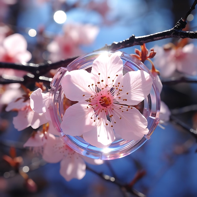 Foto sammlung von holographischen runden karten, die von kirschblütenzweigen aufgehängt sind, vintage-natur-hang-tag