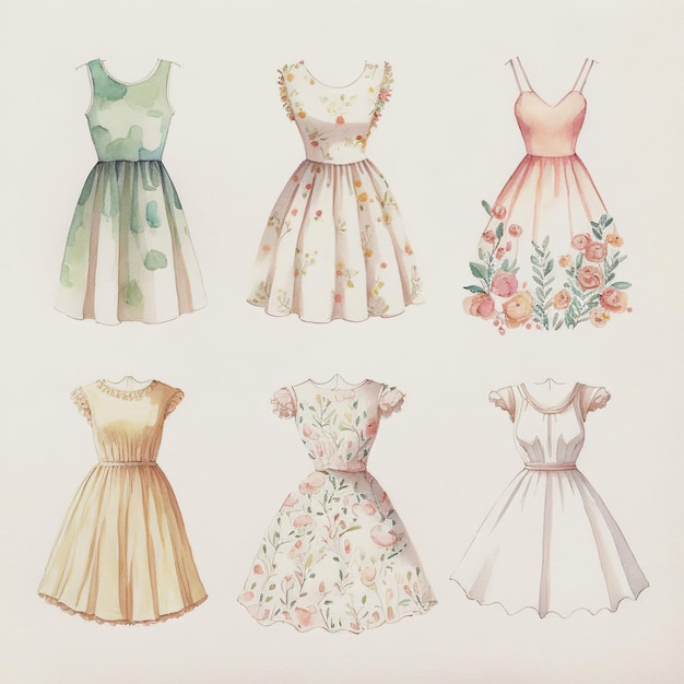 Sammlung von hübschen zarten Aquarell-Sommerkleidern Jedes Kleid ist eine andere Art von generativer KI