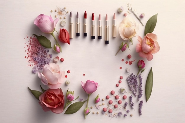 Sammlung von Make-up-Produkten und Blumen Draufsicht Platz für Text Muttertagskarte