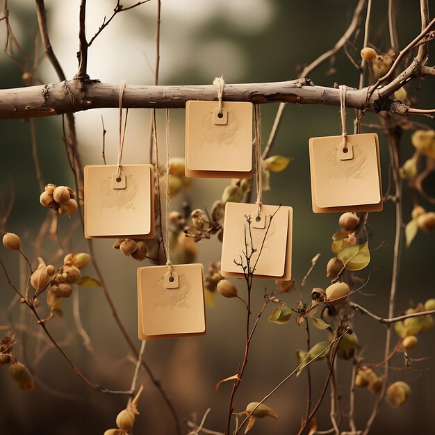 Foto sammlung von matte karton quadratkarte auf willow zweige mit mut vintage nature hang tag gehängt