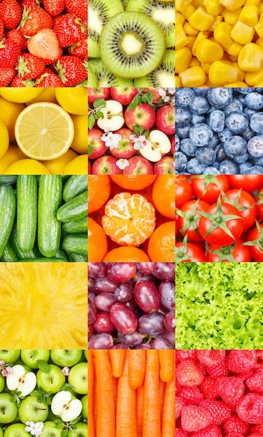 Sammlung von Obst und Gemüse Obst Collage Hintergrund mit Beeren Äpfel und Karotten Hochformat