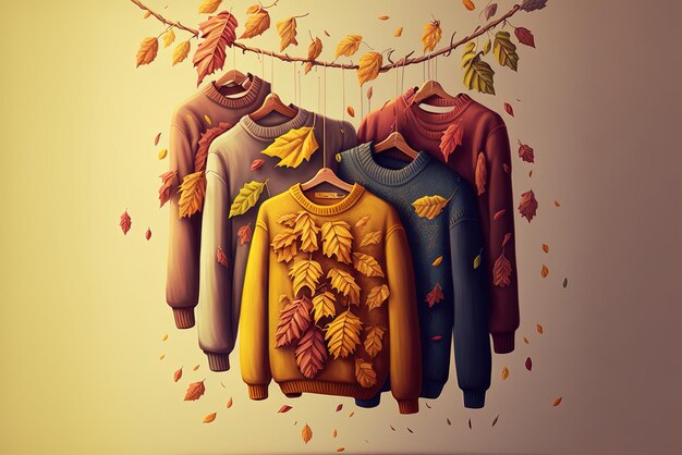 Sammlung von Pullovers an einer Wäscheleine als Symbol für Herbstkleidung