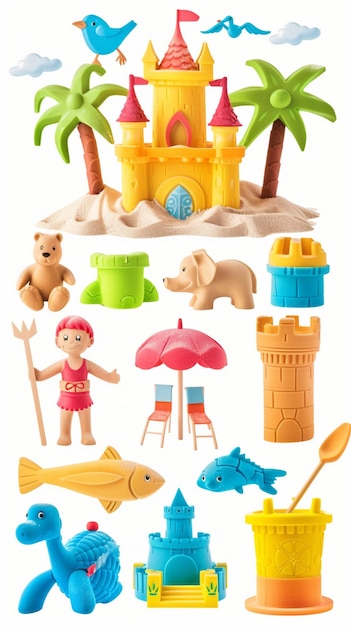 Sammlung von Sandspielzeug für Kinder am Strand mit Werkzeugen und Charakteren für den Bau von Sandburgen