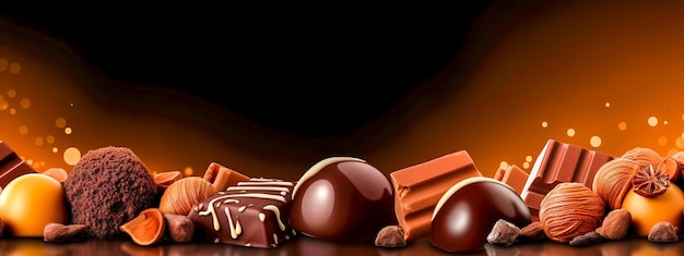 Sammlung von Schokoladenbonbons verschiedener Arten und Geschmacksrichtungen, Banner, erstellt mit generativer KI