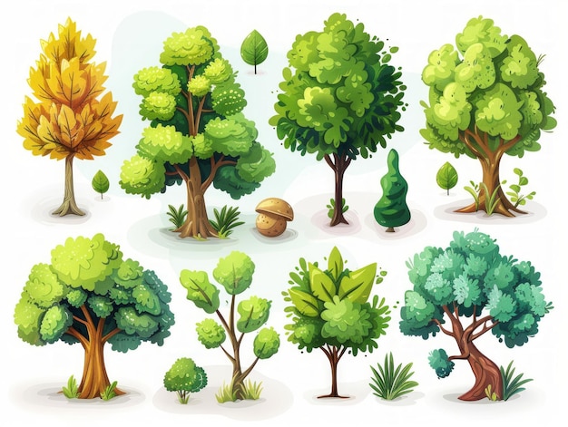 Sammlung von stilisierten Muskatnussbäumen Illustrationen Generative KI