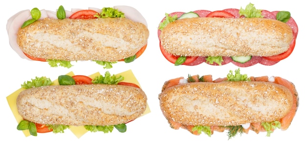Sammlung von Sub-Sandwiches Vollkorn Schinken Salami Käse Lachs Fisch von oben isoliert auf weiß