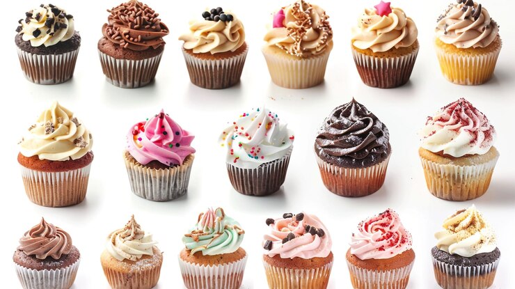 Foto sammlung von süßen, leckeren cupcakes, isoliert auf weißem hintergrund