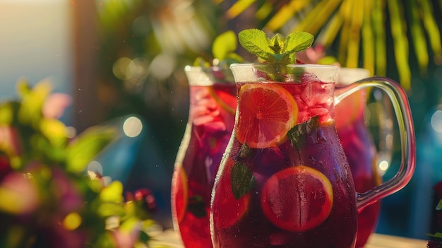 Sammlung von vernebelten Krügen mit eisem Hibiscus-Zitronentee, auch bekannt als agua fresca karkade oder rotes Sauerzeug gesundes Essen Erfrischung Entgiftung