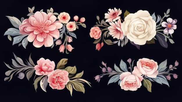 Sammlung von weichen pastellfarbenen Pfingstern und Rosen Blumen, die auf einem durchsichtigen Hintergrund isoliert sind