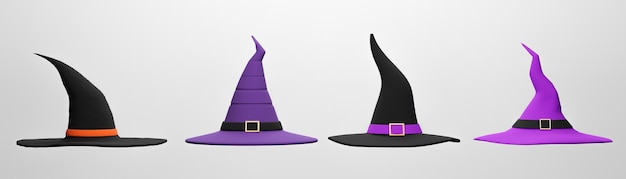 Sammlung von Witch Hat auf weißem Hintergrund für den Halloween-Tag 3D-Rendering 3D-Illustration